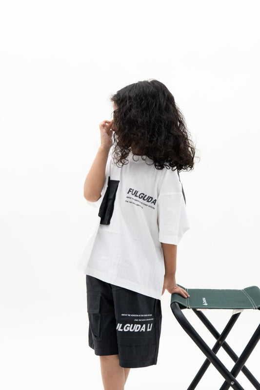 Trendy Kids Unisex Fulguda Printed T-Shirt with Black Shorts – Casual Urban Look