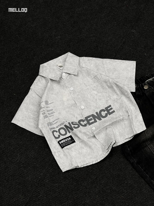 Kids Unisex Graphic Button-Up Shirt – Grey Short Sleeve Casual Streetwear Top