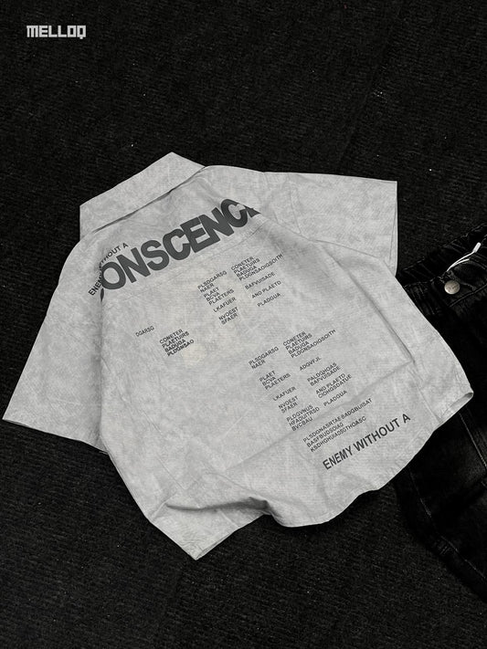 Kids Unisex Graphic Button-Up Shirt – Grey Short Sleeve Casual Streetwear Top